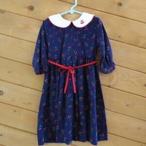 Sylvia Whyte Vintage Cherry Embroidery Navy Blue Belted Dress Girl Size 6